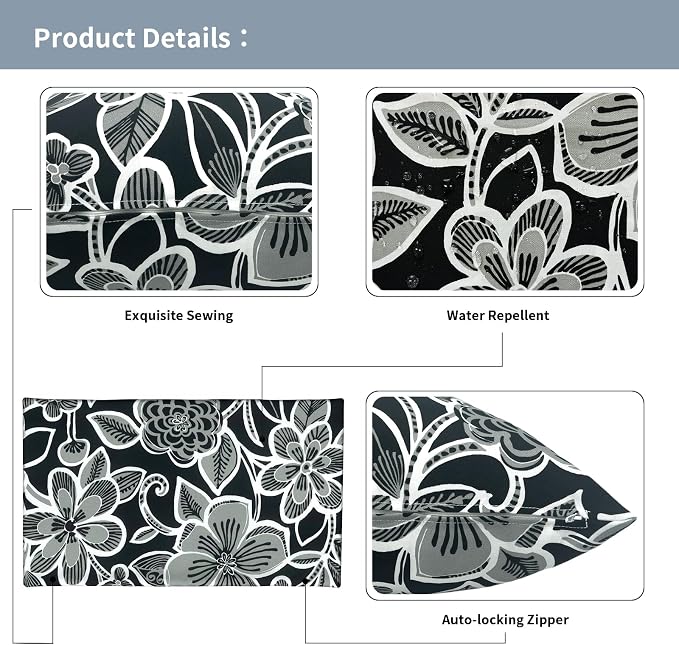 Outdoor Lumbar Pillow Covers 12”x20”, Rectangle Throw Pillow Covers for Patio Furniture, Decorative Lumbar Cushion Case for Garden Balcony Couch Office Chair, Pack of 2,Flower Black