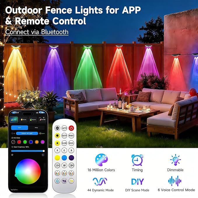 AHAWILL Fence Lights Outdoor 8 Packs,Smart RGB Fence Lighting with APP&Remote Control,IP67 Waterproof Fence Lights,DIY Scene Modes,LED Light for Fence,Patio,Yard,Garden(50ft)