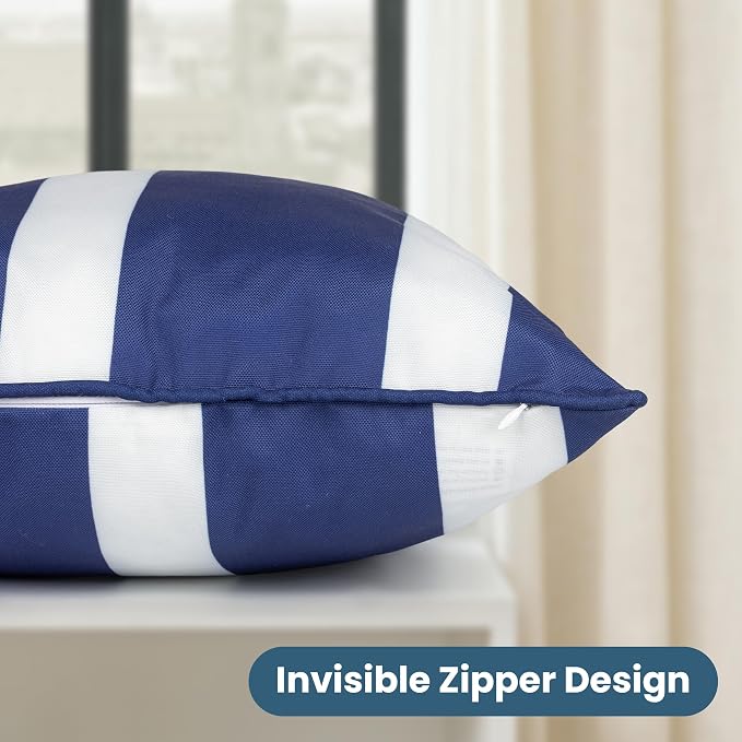 Outdoor Pillow Covers 18x18 Inch, Water-Resistant Decorative Pillow Covers Pack of 2, Throw Pillow Case for Patio Furniture Tent Garden, Navy Blue White Stripe with Blue Edge, Cover ONLY