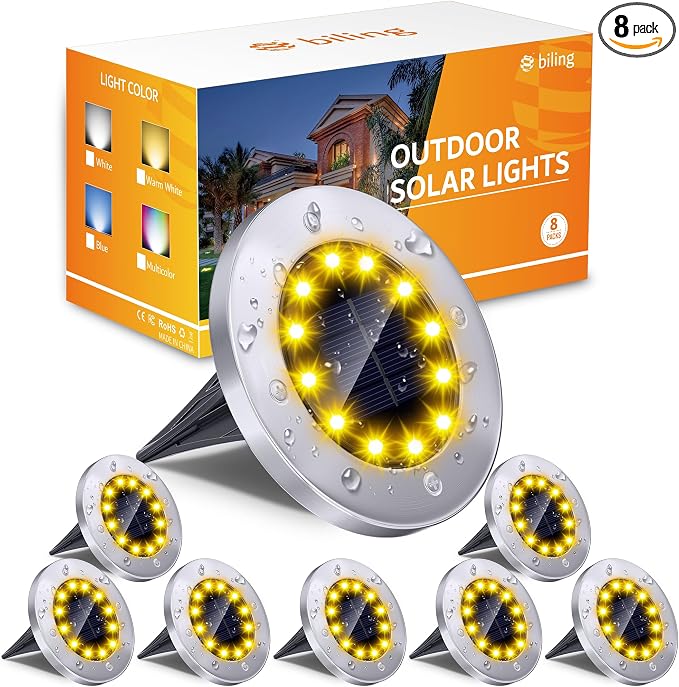 Biling Solar Ground Lights Outdoor Bright Waterproof 8 Pack Warm White | Flat 12 LEDs Solar Outdoor Lights Longevity, Easy To Assemble and Use, for Yard Walkway Garden Driveway