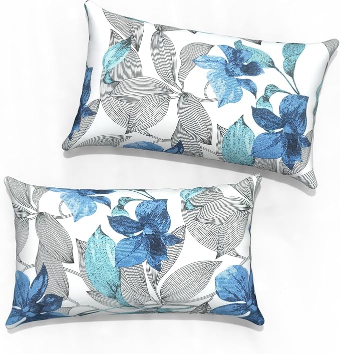 Outdoor Lumbar Pillow Covers 12”x20”, Rectangle Throw Pillow Covers for Patio Furniture, Decorative Lumbar Cushion Case for Garden Balcony Couch Office Chair, Pack of 2, Clemens Noir Blue