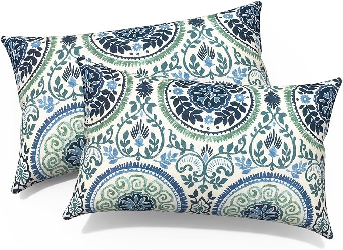 Outdoor Lumbar Pillows 12x20 Inch, Water Repellent Cushion Pillows, Outdoor Pillows with Inserts for Home Garden Pack of 2, Celadon Wreath