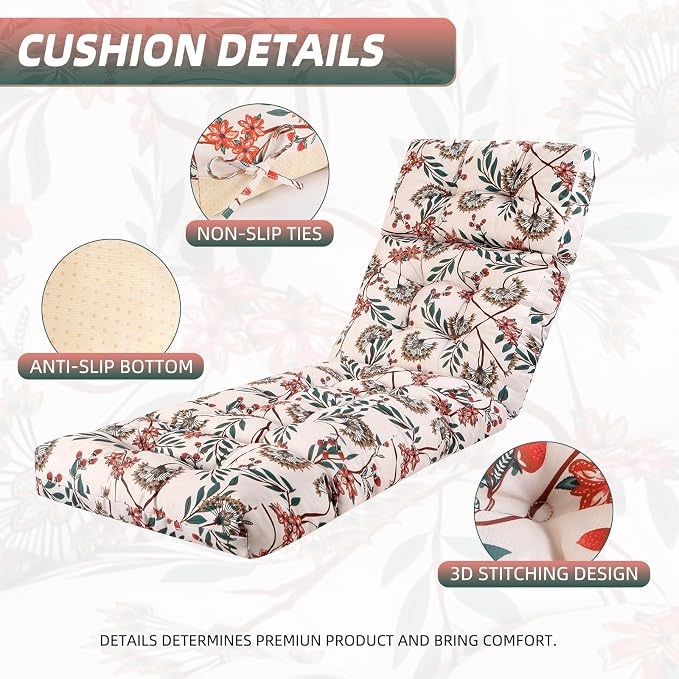 Patio Chaise Lounge Cushions, 70.5"x21"x4" Waterproof Replacement Beach Pool Lawn Outdoor Lounge Chair Cushion, Non-Slip Bottom & Secure Ties for Outdoor Furniture，Flower Red, 1Count