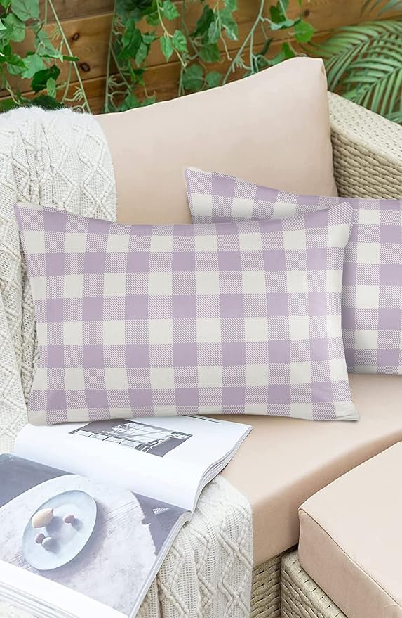 Outdoor Waterproof Throw Pillow Covers Set of 2 Lavender Buffalo Check Plaid Lumbar Pillowcases 20x12 Inches Farmhouse Style Patio Decorative Pillows Cushion Case Patio Pillows for Couch Bed Garden