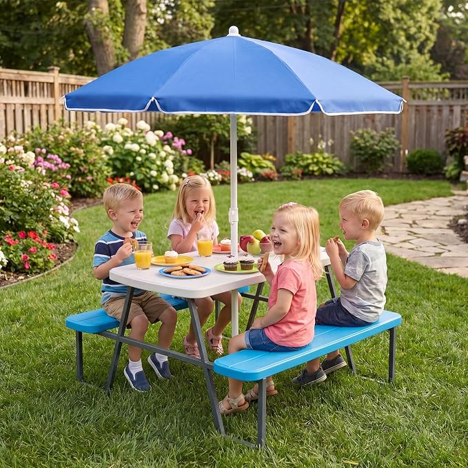HONEY JOY Kids Picnic Table, 4 Person Toddler Outdoor Table and Chair Set, Built-in Benches, Removable Umbrella, Metal Frame & HDPE Top, Children Outdoor Furniture for Backyard Patio Garden (Blue)