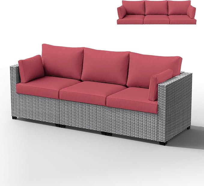 Outdoor Furniture Replacement Cushions, Waterproof Patio Furniture Cushions, 4" Deep Seat Outdoor Sectional Cushion for 3-Seat Outdoors Rattan Sofa Patio Sofa Cushion, Fuchsiared