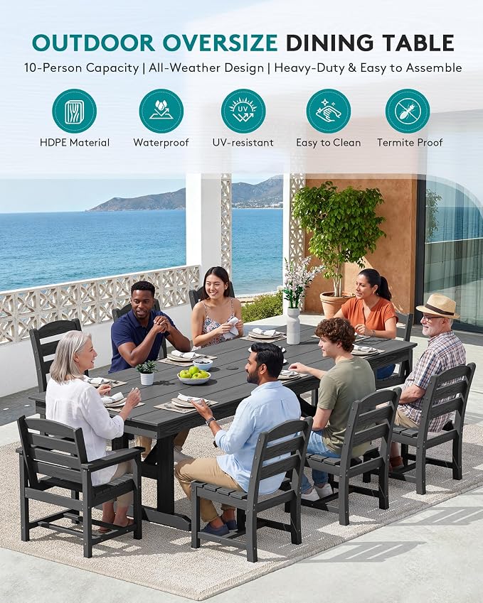 SERWALL 9 Piece Outdoor Dining Set, 84" HDPE Outdoor Table with 6 Armless Chairs and 2 Armchairs ，All Weather Patio Dining Furniture Set with Umbrella Hole for Backyard, Garden, Black