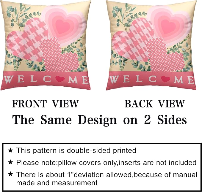 Valentine Day Pillow Covers 16x16 Set of 2 Valentines Day Pink Heart Throw Pillow Covers Pink Hearts with Eucalyptus Decoarative Pillow Case Cushion Case for Couch Sofa