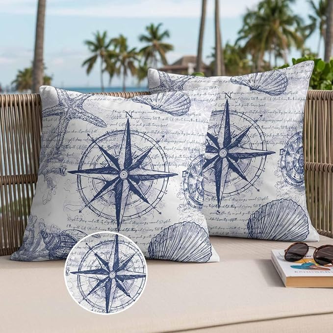 Vintage Nautical Outdoor Waterproof Throw Pillow Covers Set of 2, 26"x26", Summer Navy Blue Compass Shell Starfish Map Decorative Pillow Covers Outside Cushion Case for Patio Porch Garden