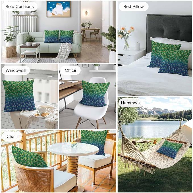 Peacock Feathers Outdoor Waterproof Pillow Covers, Ombre Blue Green Modern Animals Printed Decorative Square Throw Pillowcase Sofa Cushion Sham for Patio/Couch/Chair, 20"x20" 2 Pack