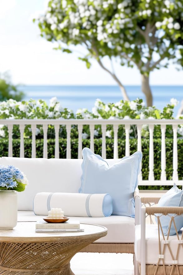 Hofdeco Premium Coastal Grandmillennial Patio Indoor Outdoor Bolster Pillow Cover Only, 6"x20" Water Repellent for Backyard, Couch, Poolside, Baby Blue Embroidered Stripes