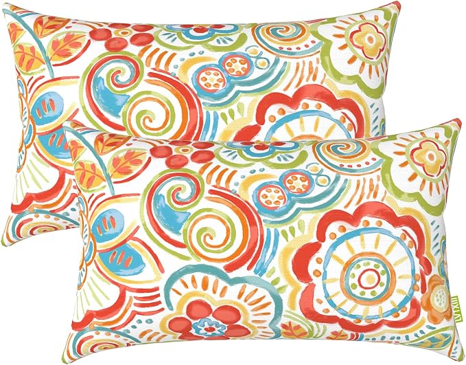 LVTXIII Outdoor/Indoor Lumbar Pillows, Decorative Patio Lumbar Cushions, Fluffy Water Repellent Garden Cushions for Home Patio Coach Sofa Use, 12×20 Inch, Pack of 2, Flower Multi