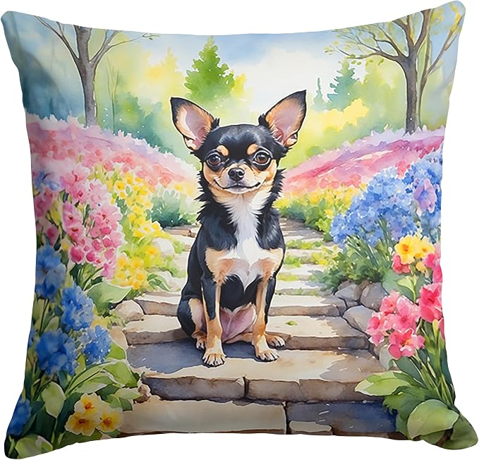 Caroline's Treasures Chihuahua Spring Path Throw Pillow Machine Washable, Indoor Outdoor Decorative Pillow for Couch, Bed or Patio, 14Hx14W
