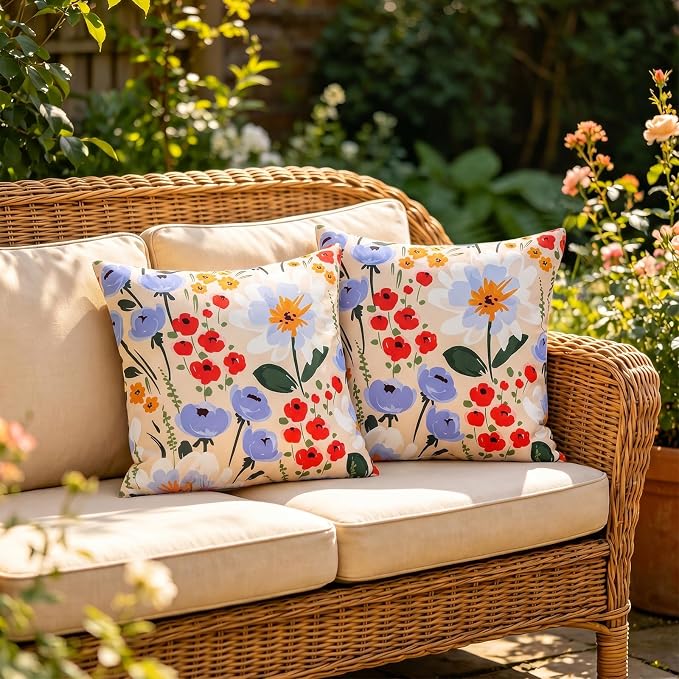 Merrycolor Waterproof Floral Pillow Covers 18x18 Inch Set of 2 Summer Accent Cushions Outdoor Decorative Square Couch Cushion Cases for Patio Garden Beach Sofa