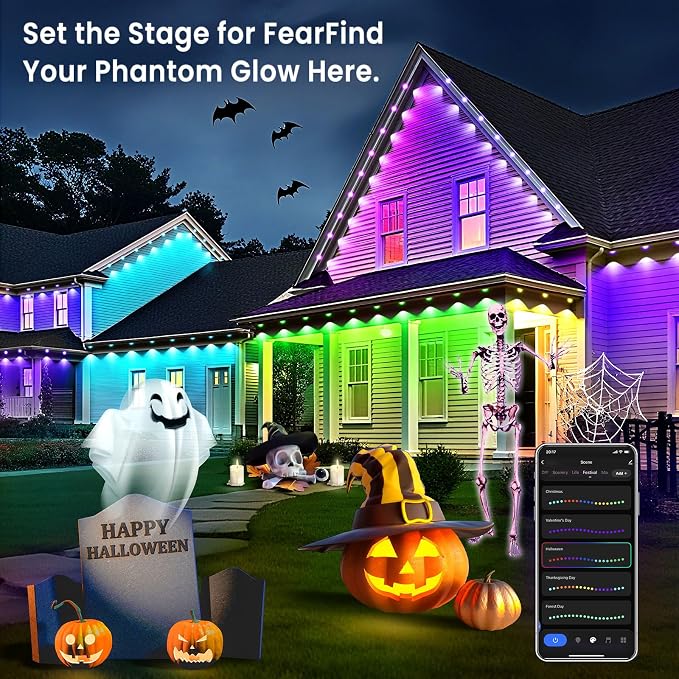 Smart Permanent Outdoor Lights for House, 150ft with 72 RGB+IC Permanent Outdoor Lights, P67 Waterproof with DIY Scene for Halloween Christmas Decor, Remote Control, Work with Alexa, Google Assistant