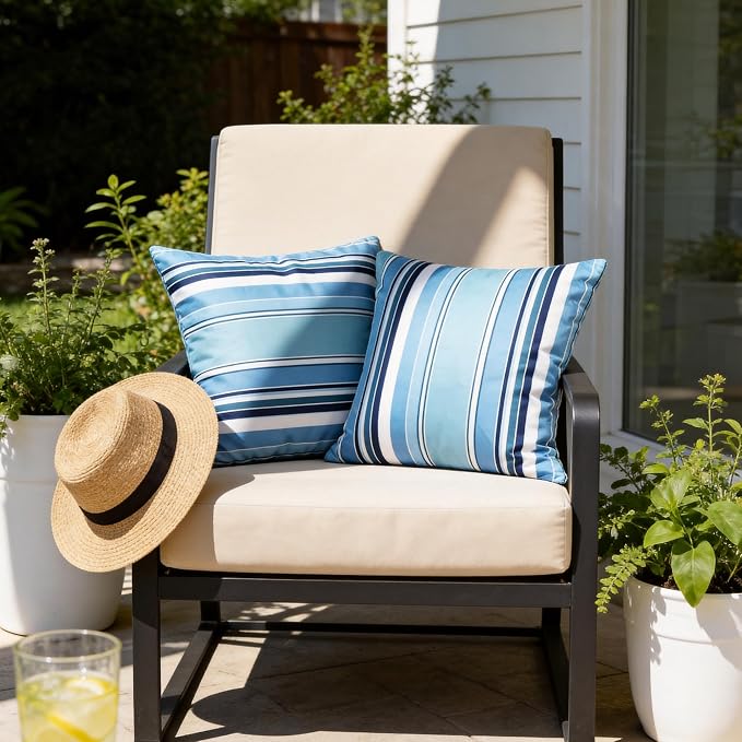 Waterproof Outdoor Pillow Covers 18x18 Inch Set of 2, Light Blue Stripe Decorative Throw Pillow Cover, Modern Farmhouse Cushion Cases for Spring Summer Patio Garden Porch Balcony Beach Sofa