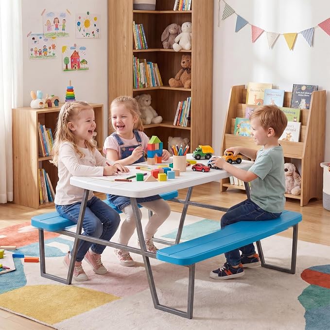 Costzon Kids Picnic Table, Toddler Outdoor Table & Bench Set with Removable Umbrella, HDPE Tabletop, Metal Frame, Kids Outdoor Furniture for Patio Backyard Garden, Fits 4 Children Age 3+ (Blue)