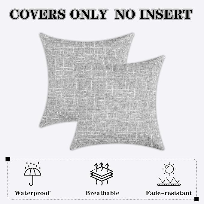 Kevin Textile Outdoor Waterproof 26”x26” Pillow Covers 2 Pack, Grey | Water Resistant, Soft Faux Linen-cotton Yarn-dyed Woven Texture Throw Pillow Covers for Tent Patio Garden Couch Sofa