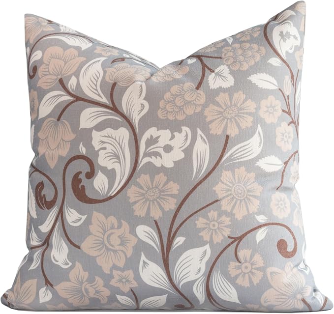 Modern Farmhouse Fall Linen Indoor Outdoor Throw Pillow Cover Only, 20"x20" Water Repellent for Patio, Backyard, Couch, Brown and Gray Floral