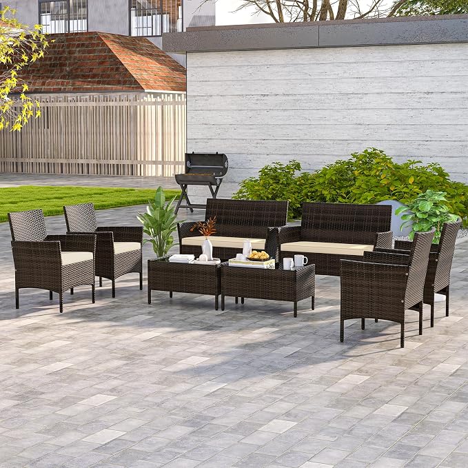 HAPPYGRILL 8 Pieces Outdoor Rattan Conversation Set, Patio Wicker Furniture Set with Loveseat Chairs & Tempered Glass Coffee Table, Outside Sectional Sofa Set for Backyard, Garden & Poolside