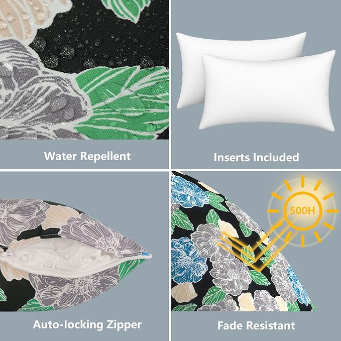 LVTXIII 2 Pack Outdoor Lumbar Pillows 12x20 Inch with White Piping, Fade Resistant Support Throw Pillows with Inserts for Patio Furniture, Sofa, Chair, Sketch Peony