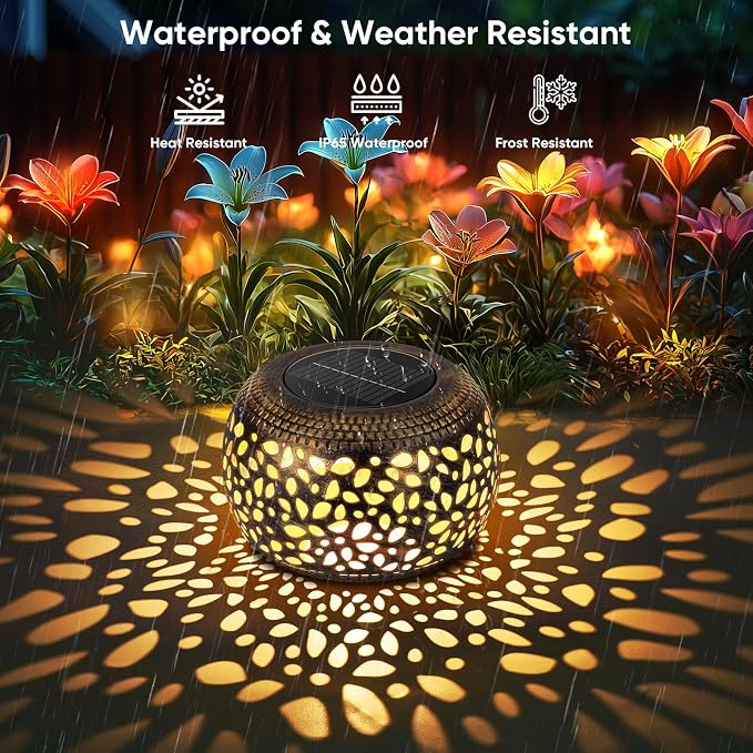 Outdoor Solar Lanterns Patio Decor: 4 Pack Bronze Waterproof Solar Lights | Hollow Out Retro Metal Garden Lantern, Warm White & Cool White, Tabletop Balcony Yard, Birthday Gifts for Mom & Garden Lovers