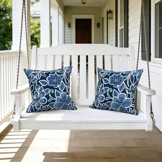 LVTXIII Outdoor Throw Pillows, Decorative Throw Pillows with Inserts, 20"x20" Square Pillows for Bed, Couch, Sofa and Patio Furniture, Set of 2, Flower Navy