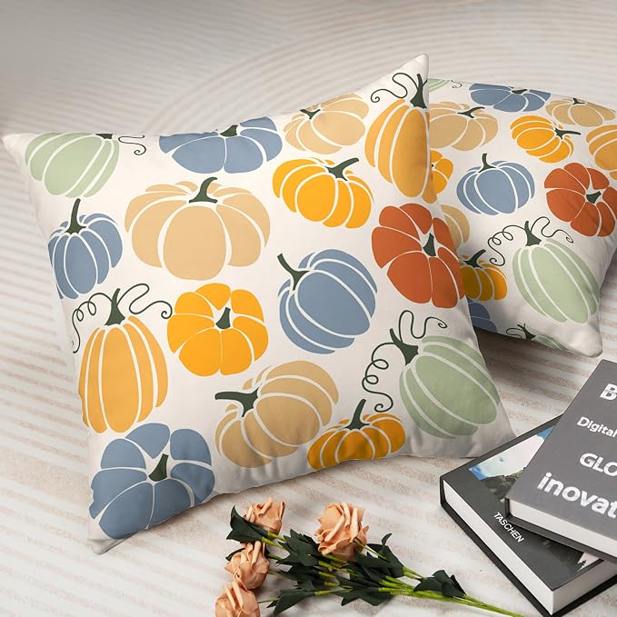 Fall Thanksgiving Throw Pillow Covers 18x18 Set of 2 Orange Yellow Blue Pumpkins Pillow Covers Colorful Autumn Outdoor Pillow Case Cotton Blend Cushion Case for Couch Patio Bed Car
