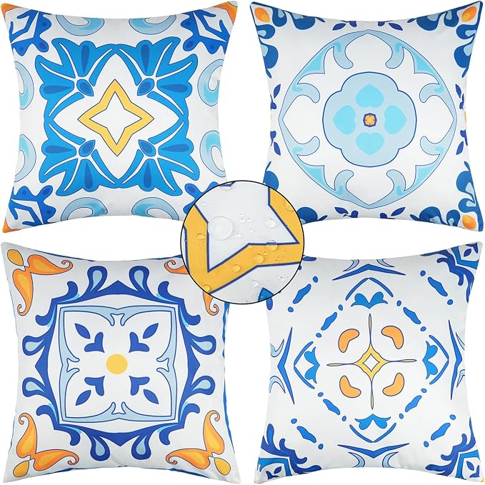 JASEN Outdoor Waterproof Pillow Covers, Blue Floral Outdoor Throw Pillow Cover Set of 4, Boho Double-Sided Decorative Outside Throw Pillows for Patio Furniture Porch Garden Couch