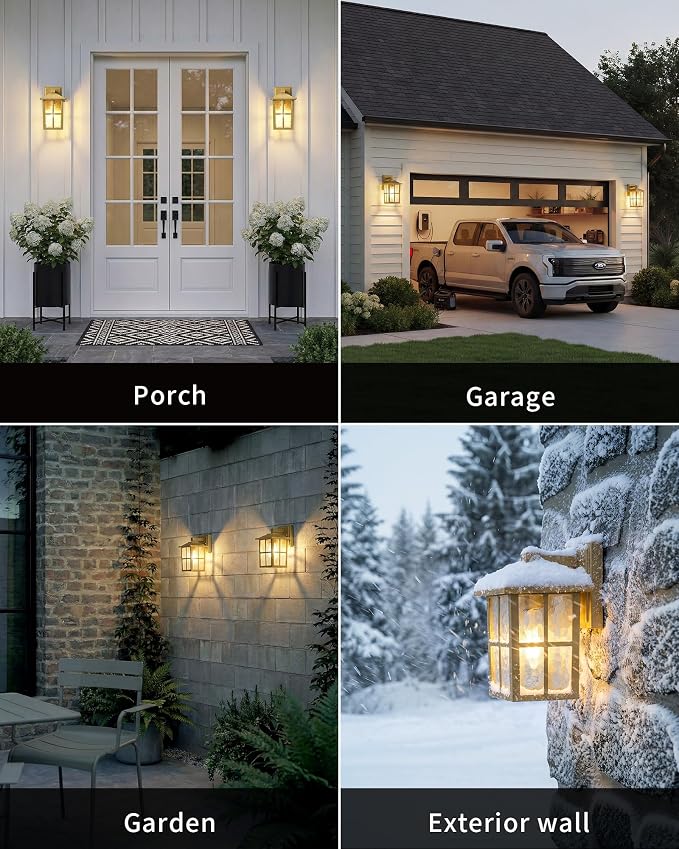 KDG Gold Outdoor Waterproof Modern Patio Wall Light Fixtures Set of 2 | E26 Socket Exterior Lanterns & Sconce with Tempered Glass, Wall Mounted Lamps for Home, Front Door, Garden, Garage, Porch