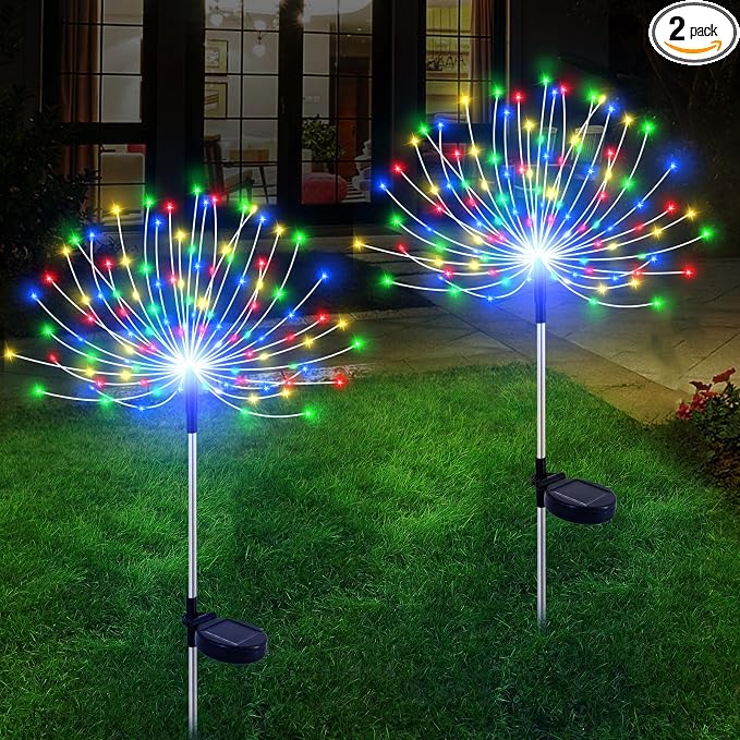 Slyuexu Solar Garden Lights Outdoor Waterproof, 2 Pack 120 LED Solar Firework Lights Decorative Garden Décor Outside for Flowerbed Pathway Party Halloween Christmas Decoration, Multicolor
