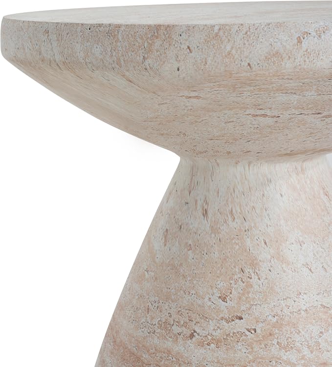 Outdoor Concrete Travertine Side Table, Magnesium Oxide Patio End Table, Faux Stone Accent Stool Coffee Table for Indoor Outdoor Use on Patio, Garden, Backyard-Beige 18"*20.25"