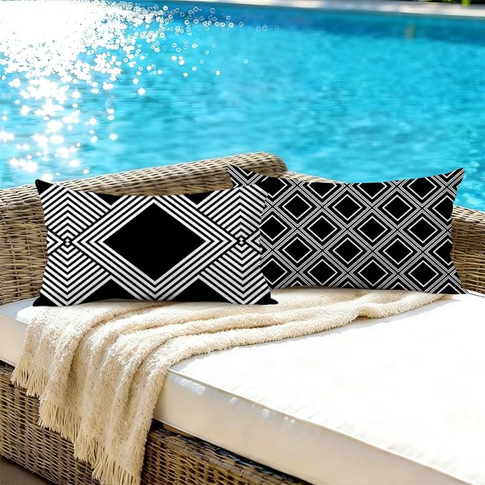 NIGHTWISH Outdoor Waterproof Pillow Covers 12x20 Set of 4 Black and White Modern Geometry Decorative Outdoor Throw Pillows Boho Cushion Cases for Patio Furniture Bench Couch Sunbrella