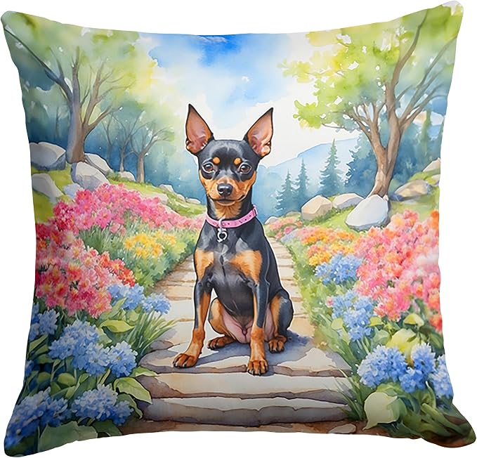 Caroline's Treasures Miniature Pinscher Spring Path Throw Pillow Machine Washable, Indoor Outdoor Decorative Pillow for Couch, Bed or Patio, 14Hx14W