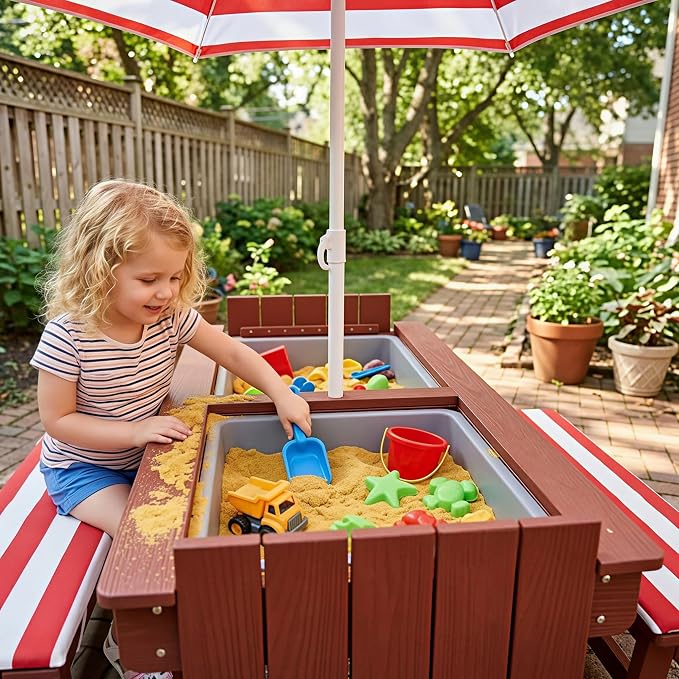 BRINJOY Kids Picnic Table with Umbrella, Outdoor Wooden Table & Bench Set w/Cushions & 2 Removable Boxes, 4-in-1 Children Sand and Water Table Activities Furniture for Patio, Garden, Indoor Outdoor