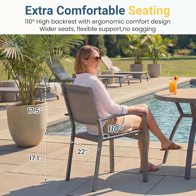 Heavy-Duty Metal Patio Chairs Set of 4, Outdoor Patio Chairs with Breathable Quick-Drying Textilene, Outdoor Chair with 110° Ergonomic High Backrest for Porch, Patio, Garden, Deck, Backyard