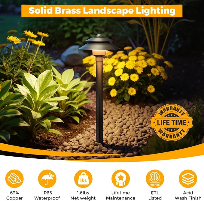 Solid Brass Low Voltage Landscape Pathway Lights (6'' Shade, 19'' Tall), 12V LED Heavy Duty Path Lighting Outdoor Wired, Waterproof Antique Bronze Walkway Light Without G4 Bulb,6 Pack