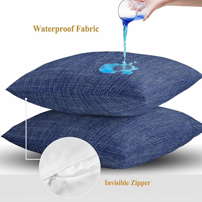 Outdoor Waterproof Throw Pillow Covers Set of 2 Navy Blue Linen Pillowcases 24x24 Inches Farmhouse Pure Color Decorative Pillows Cushion Case Patio Pillows for Couch Bed Chair Garden