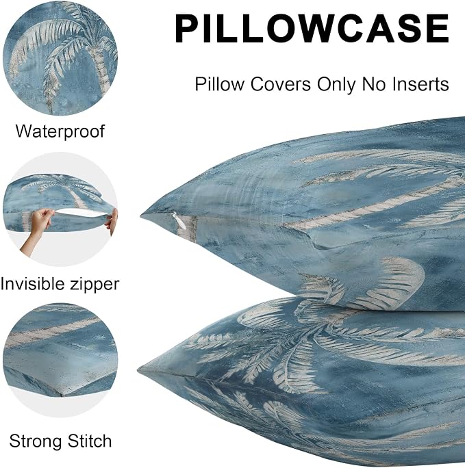 Coastal Beach Tree Blue Grey Outdoor Waterproof Pillow Covers, Vintage Summer Palm Tree Decorative Square Throw Pillowcase, Tropical Botanical Sofa Cushion Sham for Patio/Couch/Chair, 26"x26" 2 Pack