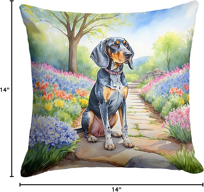 Caroline's Treasures Bluetick Coonhound Spring Path Throw Pillow Machine Washable, Indoor Outdoor Decorative Pillow for Couch, Bed or Patio, 14Hx14W