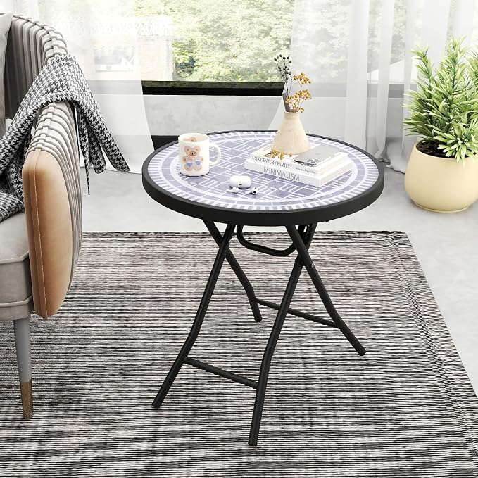 Giantex Set of 2 Folding Outdoor Side Table, 18” Round End Table with Tempered Glass Tabletop & Metal Frame, Portable Sofa Side Table, Patio Coffee Table for Yard Porch Poolside Living Room, Grey