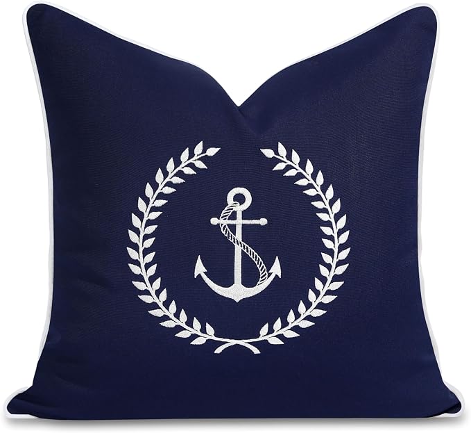 Hofdeco Premium Coastal Outdoor Performance Throw Pillow Cover Only, 18"x18" Water Repellent, UV and Fade Resistant for Backyard, Couch, Poolside, Navy Blue Embroidered Nautical Yacht Anchor