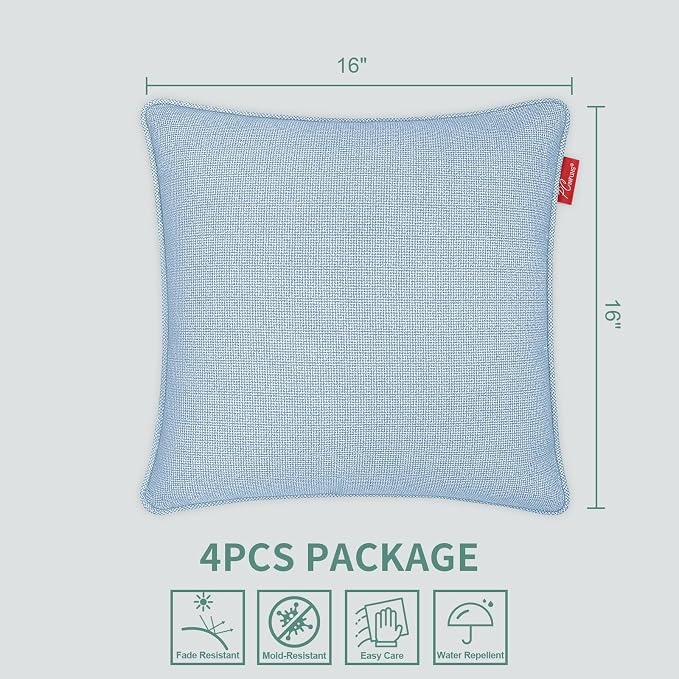 Pack of 4 Outdoor Throw Pillows,16x16 Inch All-Weather Water-Resistant Patio Pillows with Inserts,Decorative Pillows for Patio Furniture,Couch,Sofa,Poolside,Light Blue