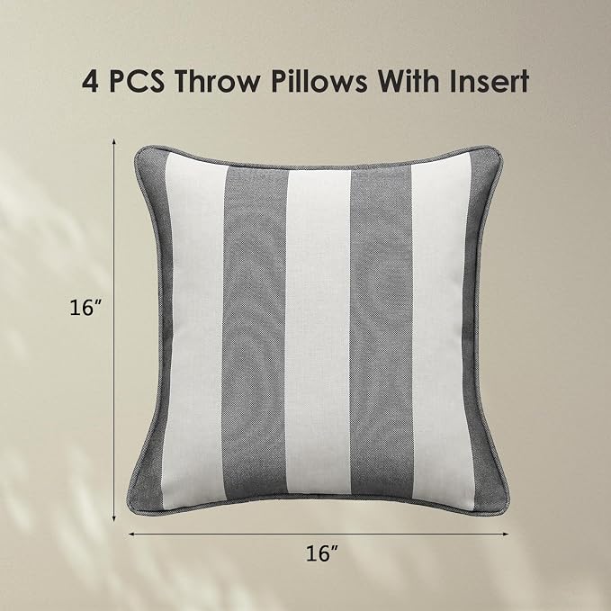 Decorative Outdoor Water Repellent Throw Pillows with Inserts, Set of 4, 16" x16" Pillows for Patio, Backyard, Bed, Couch, and Patio Furniture, Gray Stripe