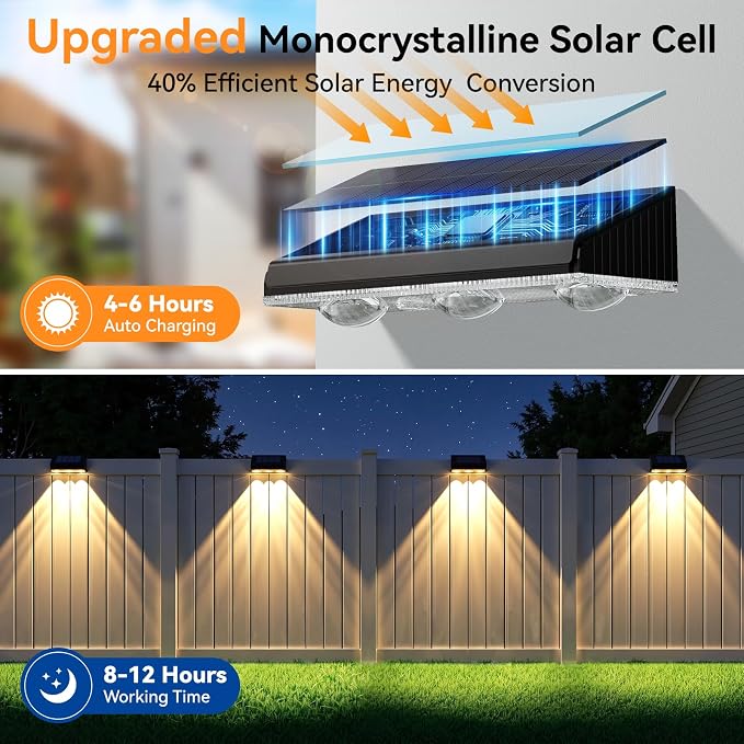 Solar Fence Lights Outdoor 6 Pack, Upgraded Brightness 3X LED Lens Fence Lights Solar Powered, 9 Fixed Colors & RGB Lights, IP65 Waterproof Solar Lights for Outside Backyard/Railing/Step/Patio