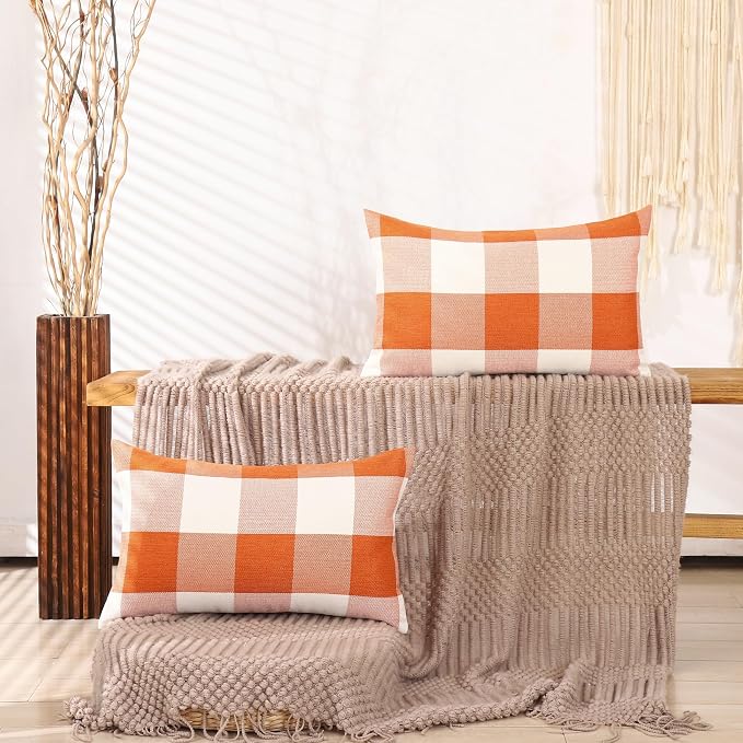 Orange Fall Decor Outdoor Plaid Fall Lumbar Pillow Covers 12x20 for Porch | Set of 2 Pillow Cover 12 x 20, Fall Lumbar Decorative Pillows for Bed Couch, Fall Cottage Core Decor, Vintage Pillow Covers