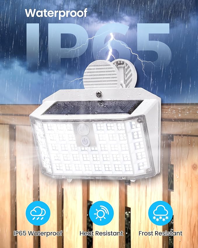 176LED Clip on Solar Lights Outdoor, 600LM Solar Motion Lights Outdoor with 180° Wide Angle, IP65 Waterproof Portable Solar Fence Lights Outdoor for Fence, Gutter, Garden, Camping, Patio White 4Pack