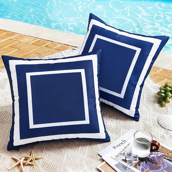 Pyonic Outdoor Waterproof Throw Pillow Covers 18 X 18 Inches Navy Blue and White Geometric Modern Pillow Covers for Patio Garden Porch Set of 2