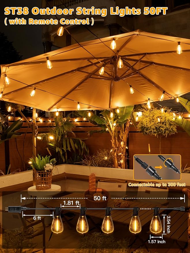 Outdoor String Lights Dimmable with Remote, 50 FT Outdoor Lights with 2 Timer and 3 Modes, Waterproof & Shatterproof Patio Lights, 2200K Energy Saving LED String Lights 2 Spare Bulbs for Patio Yard