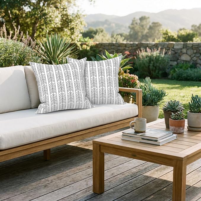 Pack of 2 Patio Throw Pillow Covers ONLY, Water Repellent Cushion Cases 20x20 Inch, Square Pillowcases for Outdoor Couch Decoration, HerringboneWhite